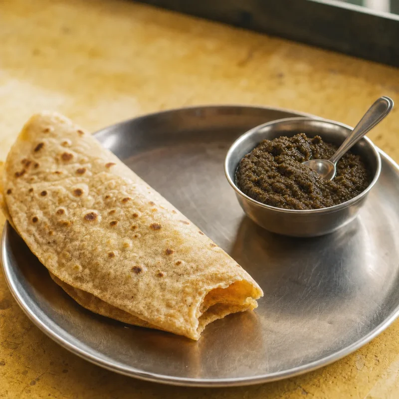 Curry leaf mix in a steel katori served with a folded chapati