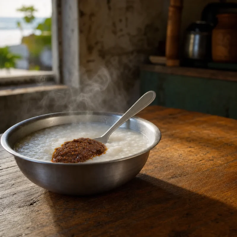 Prawn masala served beside a steel bowl of steaming rice kanji