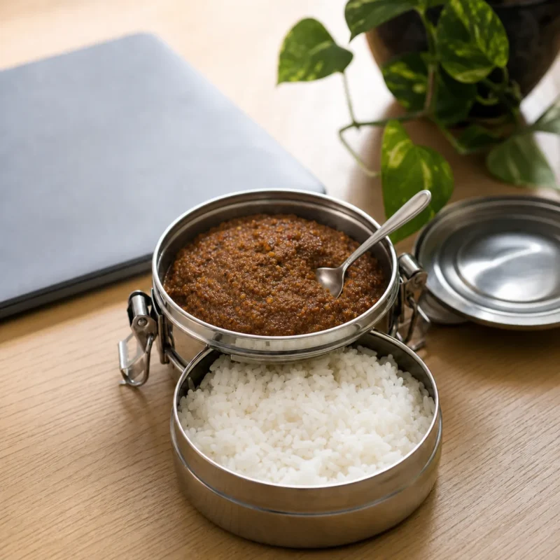 Tuna masala and rice packed in a steel tiffin box on an office desk