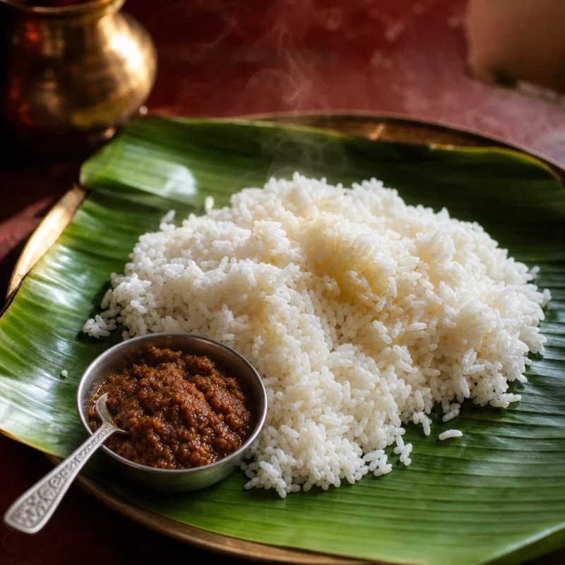 Tuna masala served with hot rice and ghee on a banana leaf