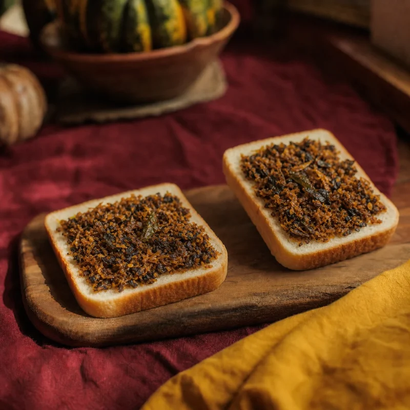 Dry tuna flakes served beside bread on a wooden board for a sandwich