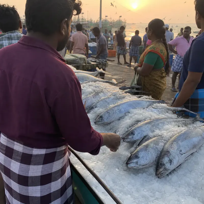 A South Indian coastal fish market at dawn