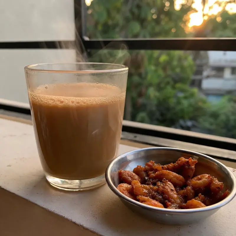 A glass of tea beside a small dish of prawn masala