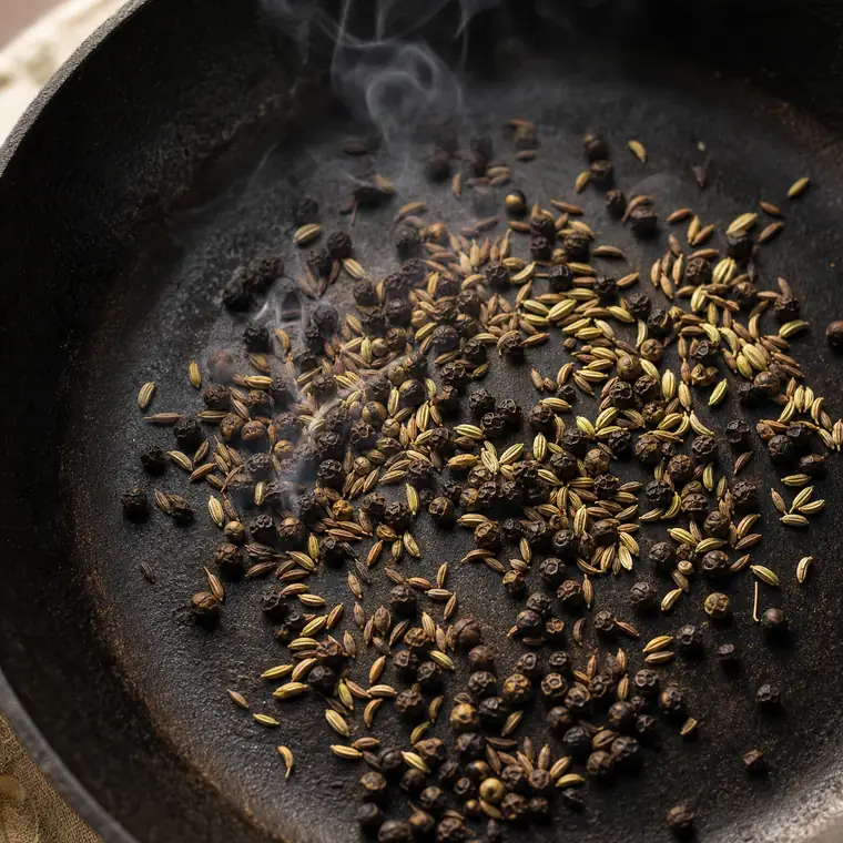 Step 1: whole spices dry-roasting in an iron pan