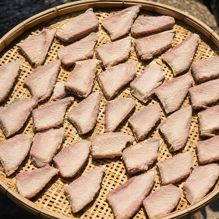 Step 2: deboned fish drying on a bamboo tray