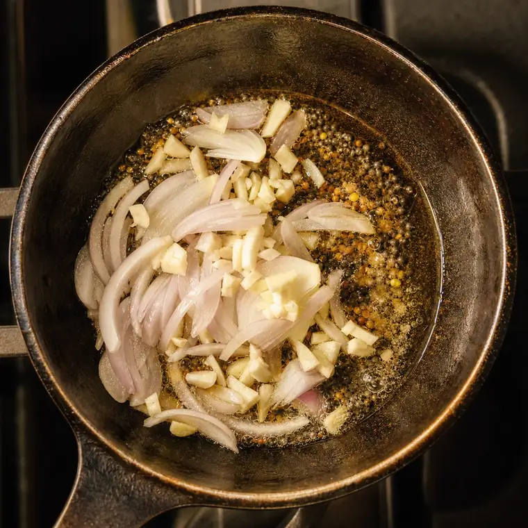 Step 3: mustard seeds tempering in hot sesame oil