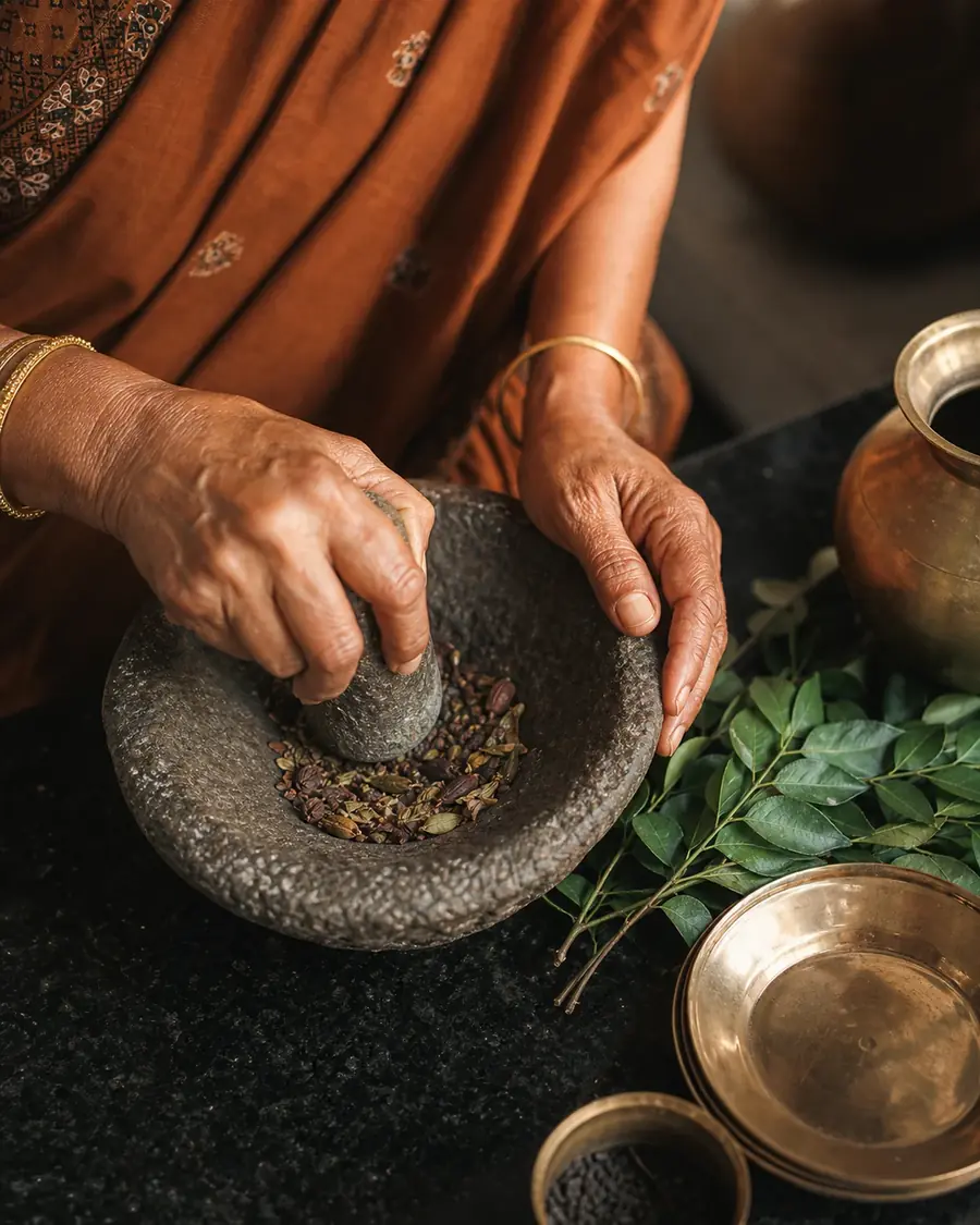 Hands crushing roasted whole spices in a stone mortar in a South Indian kitchen