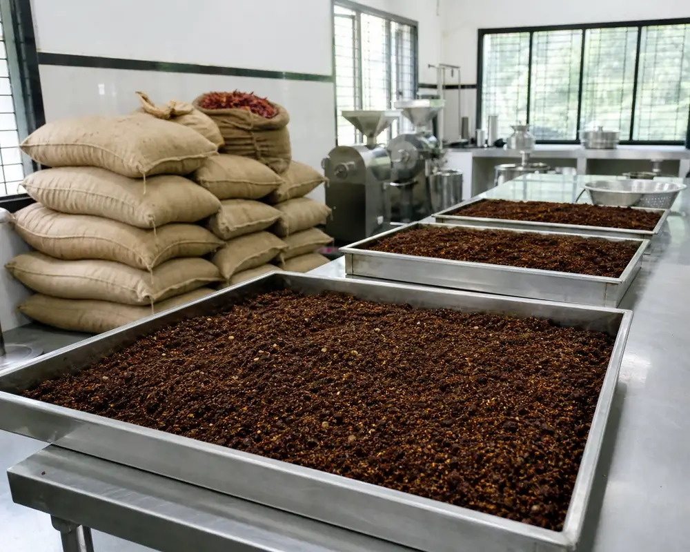 Stainless steel production kitchen with masala cooling in wide trays